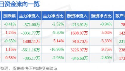 股票行情快报：鲁西化工（000830）8月13日主力资金净卖出571.00万元