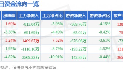 股票行情快报：东方材料（603110）9月24日主力资金净卖出813.04万元