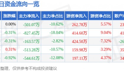 股票行情快报：穗恒运Ａ（000531）8月13日主力资金净卖出501.07万元