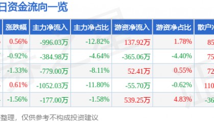 股票行情快报：久远银海（002777）4月27日主力资金净卖出996.03万元