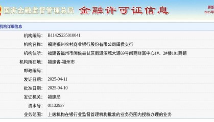福建福州农村商业银行股份有限公司闽侯支行颁发金融许可证，发证日期2025年4月11日