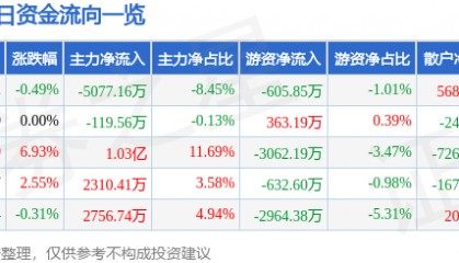 股票行情快报：鲁西化工（000830）8月28日主力资金净卖出5077.16万元