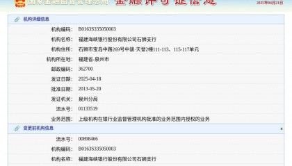 福建海峡银行股份有限公司石狮支行换发金融许可证，发证日期2025年4月18日