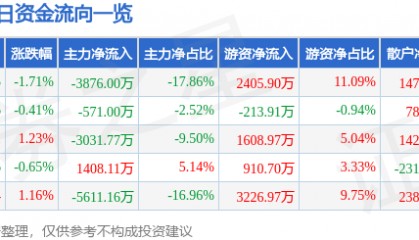 股票行情快报：鲁西化工（000830）8月14日主力资金净卖出3876.00万元