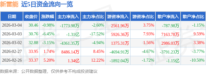股票行情快报：新雷能（300593）3月4日主力资金净卖出1773.98万元