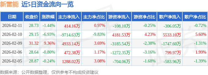 股票行情快报：新雷能（300593）2月11日主力资金净买入414.16万元