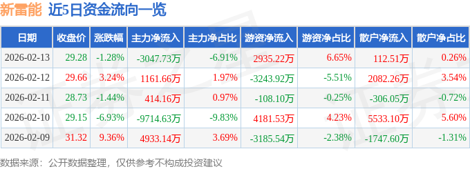 股票行情快报：新雷能（300593）2月13日主力资金净卖出3047.73万元