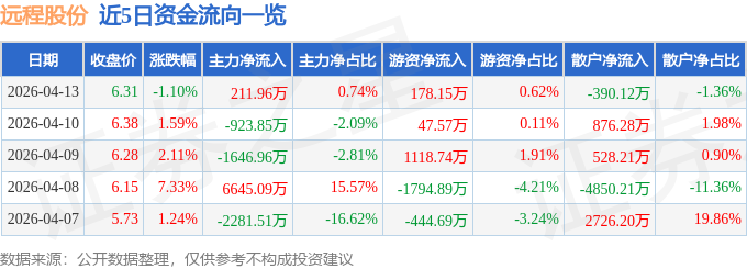 股票行情快报:远程股份(002692)4月13日主力资金净买入211.96万元